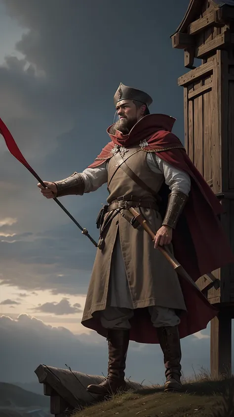 a medieval rus soldier,standing in wooden battlements,holding long spear,teardrop kite shield,wearing red padded gambeson,simple linen arming cap,wood smoke plumes,steely grey sky,oil painting,frank frazetta style,detailed,dramatic lighting,historical,real...