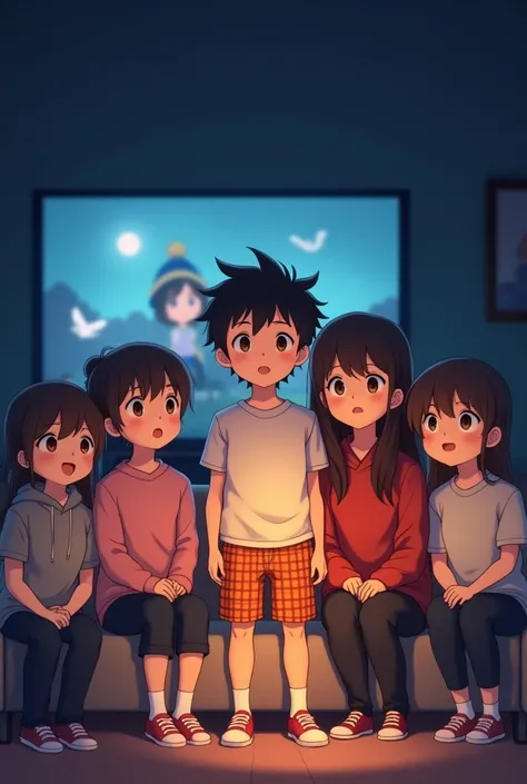 Anime boy in Orange Plaid Shorts and a Short Sleeve shirt with his 4 older sisters wearing hoodies and black pants and there mother in a red sweater, watching a movie late at night together 