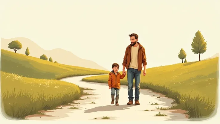 a man and a child are walking together IN A road , cartoon style illustration, father with child, cartoon art style, in cartoon style, with a kid, cute cartoon, father, cartoon artstyle, 2 d illustration, 2d illustration, cartoon illustration, simple carto...