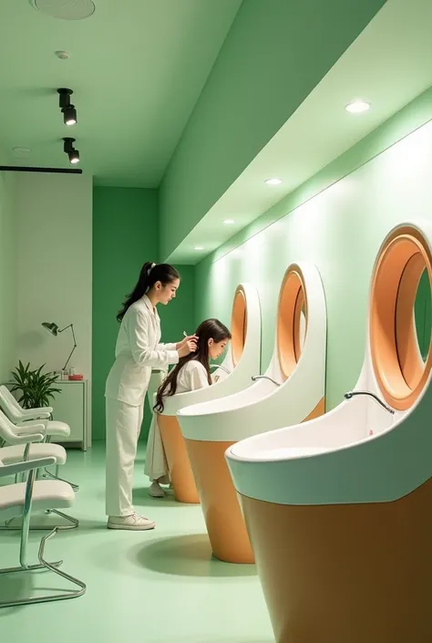 Professional 3d architecture rendering design of modern and minimal and high tech and Japanese design for the room in barber women salon that in this room coloring the women’s hair and 3   Circular white orange sink  specially for washing hair that it’s ha...