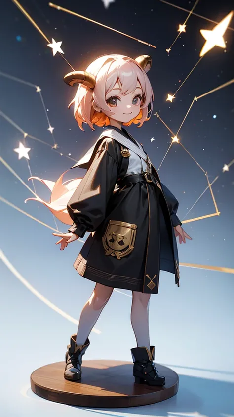 High resolution,Chibi character、Constellation motif、Aries Girl、smile、3D Rendering, Anime Style, Figure、Figureのような艶のある質感、Standing posture