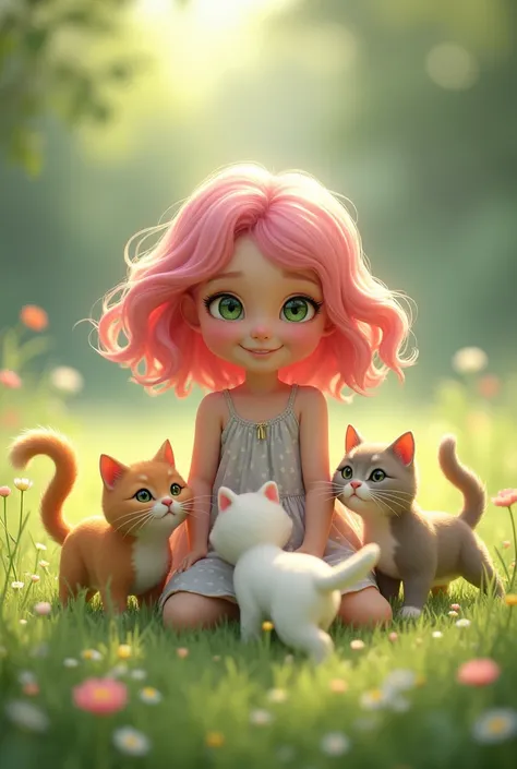 Girl with pink hair and green eyes playing with cats on the grass