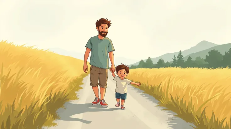 a man and a child are walking together IN A road , cartoon style illustration, father with child, cartoon art style, in cartoon style, with a kid, cute cartoon, father, cartoon artstyle, 2 d illustration, 2d illustration, cartoon illustration, simple carto...