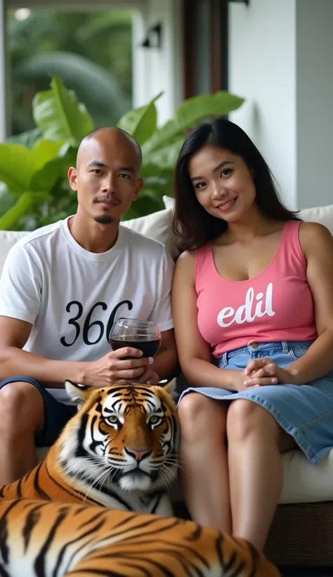 a 20 year old Indonesian man, bald, wearing a white t-shirt that says "366", sitting on sofa, holding a glass filled with black coffee, accompanied by an Thai woman 50 year old, plump body, big breasts, full make up, wearing a pink thanktop t-shirt that wo...