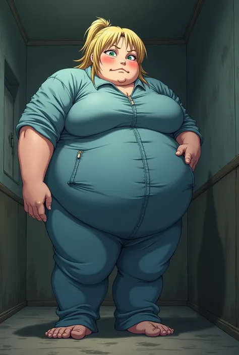 a lonely anime woman, with blonde hair tied in a ponytail, wearing a faded blue jumpsuit,  Naked and weighing 450 kilos, with morbid obesity immobilized, fatter, aun fatter