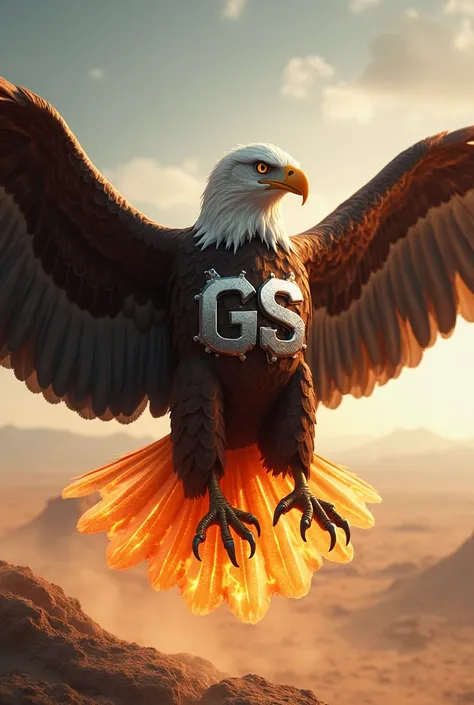 Give me a text "GS" in excellent font in silver with fire on a eagles chest , attached to its chest a Silver eagles with fire wings in a desert flying in the air with "GS" letters in captain America colours coming from fire in silver font on body
