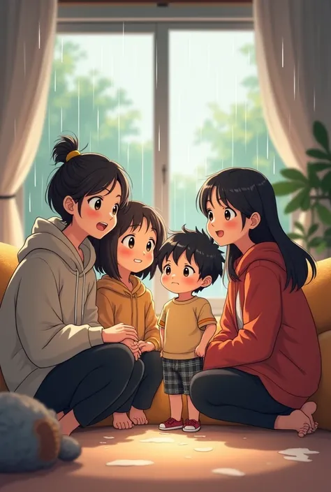 Anime boy in Plaid Shorts and a Short Sleeve shirt with his 3 older sisters wearing hoodies and black pants and there mother in a red sweater staying inside while it rains outside 