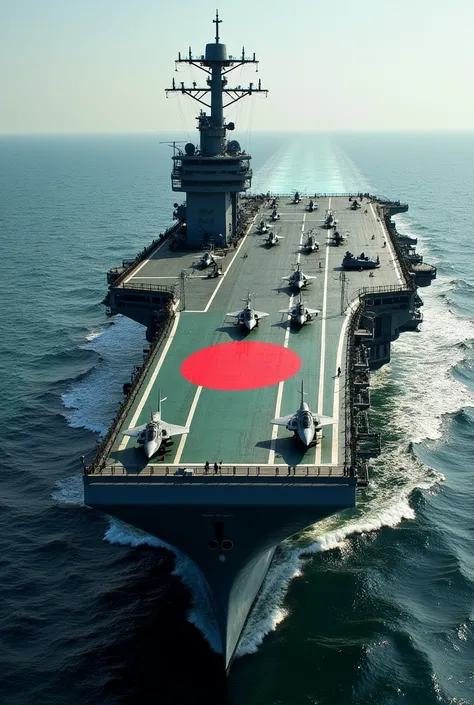 Create super power bangladesh 🇧🇩 aircraft carrier with lot of  fighter jets & attacking helicopter  side view