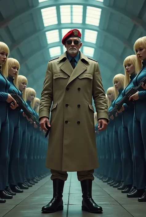  brutal man middle-aged with pale skin bristle face, red army beret, black non-transparent aviator glasses, in biege long buttoned coat, black leather boots, staying in space station large dark hangar with army of identical women-soldiers with long blonde ...