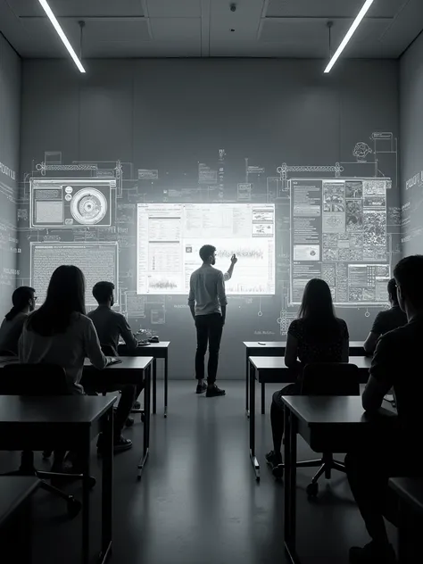 A futuristic classroom setting, monochrome, where a teacher is guiding students through virtual screens. Lines of code or digital grids subtly integrated into the background, representing innovation and open-source development.