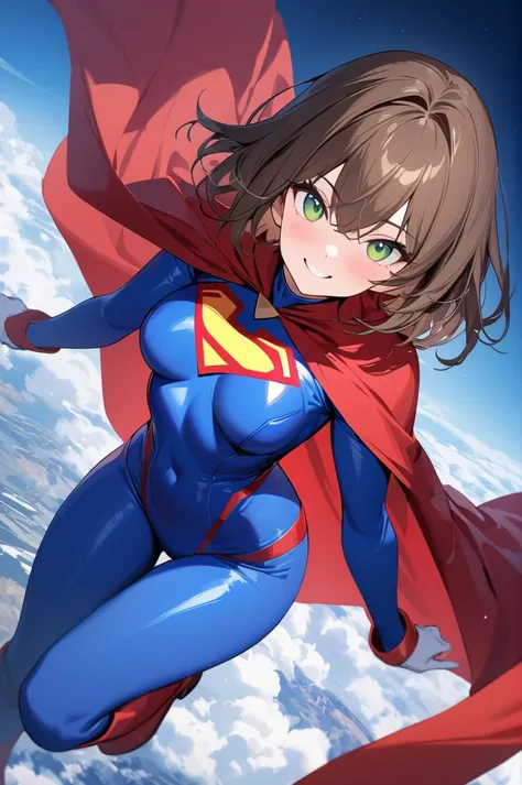 masterpiece, best quality:1.2), 1girl, smile, looking at viewer,  green eyes, short brown hair,  black fedora hat, dressed as superwoman, full bodysuit, blue catsuit, red cloak cape, boots, flying in the sky