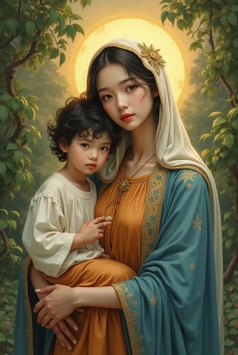 ((20th century Japanese painters、Illustration by Yoshitaka Amano)), ((Highest quality, masterpiece, Full of details))Beautiful young asian virgin Mary queen and jesus son, ((Oval Face, Golden aura, whole body)), ((Ancient costume, Auburn linen tunic, Blue ...