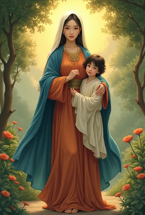 ((20th century Japanese painters、Illustration by Yoshitaka Amano)), ((Highest quality, masterpiece, Full of details))Beautiful young asian virgin Mary queen and jesus son, standing on the earth ((Oval Face, Golden aura, whole body)), ((Ancient costume, Aub...