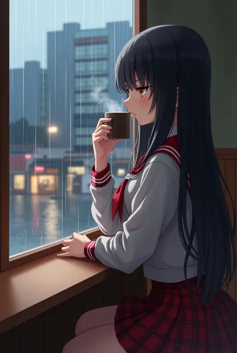 Sheltering from the rain at a cafe、Looking out the rainy window、High school girl、Long black hair、Mug at your mouth、Red checked skirt、uniform、intellectual、E Cup