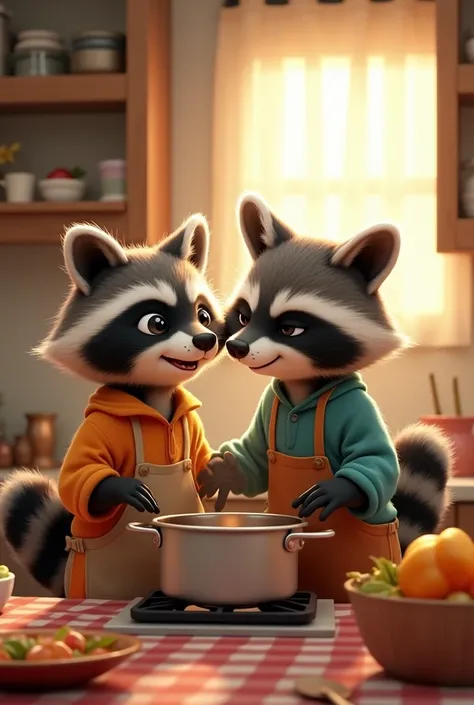 Raccoons Eduardo and Karol in love cooking together