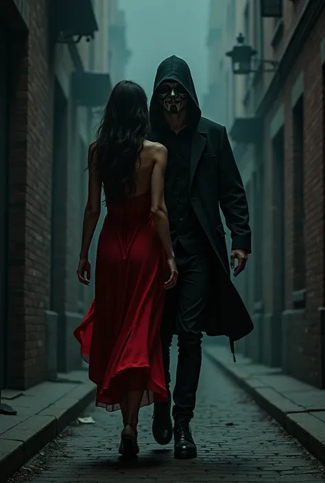 A young handsome man with a mask on following a girl who is wearing a red dress in a dark alley.