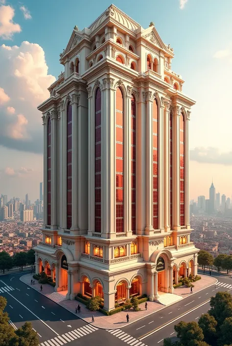 Create a 9 floor building with cream and red colour,luxurious design,
