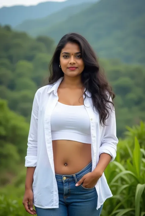 Kerala female aged 26 with average sized body and white skin tone.Realistic Showing huge breast. in wayanad kerala. Front photo.No ornaments. Full sized photo. Wearing jeans and white shirt