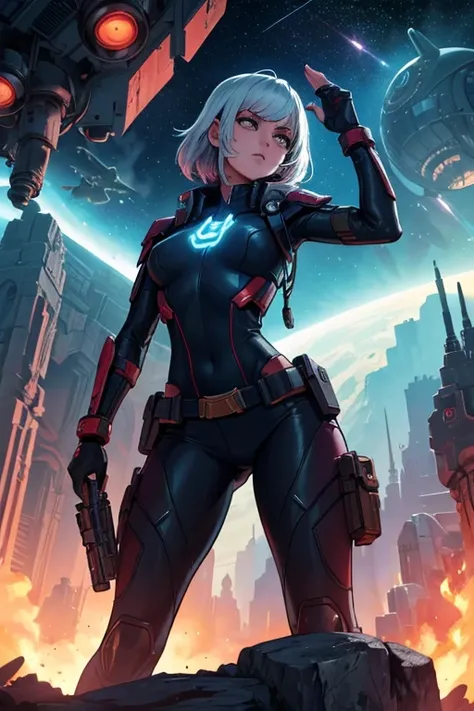 Theres a woman holding a gun in front of a spaceship, Empire ruined in the background, arte oficial do personagem, zumbi de doom eternal, Orianna, pintura de c - 3 p 0, inspirado em Sargent Johnson, heaven planet in background, Imagem promocional Juno, cap...