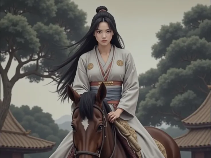 a woman riding on the back of a brown horse, tumblr, sōsaku hanga, screenshot from the 1983 film, menacing!!!, pretty face!!, shibari, feudal japanese setting, 1 st winner, fujita goro!