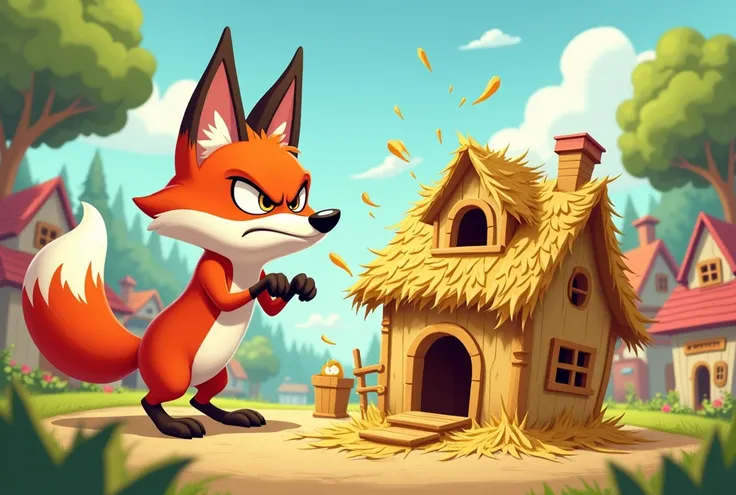 A furious fox is blowing a house that made of hay, village, cartoon 