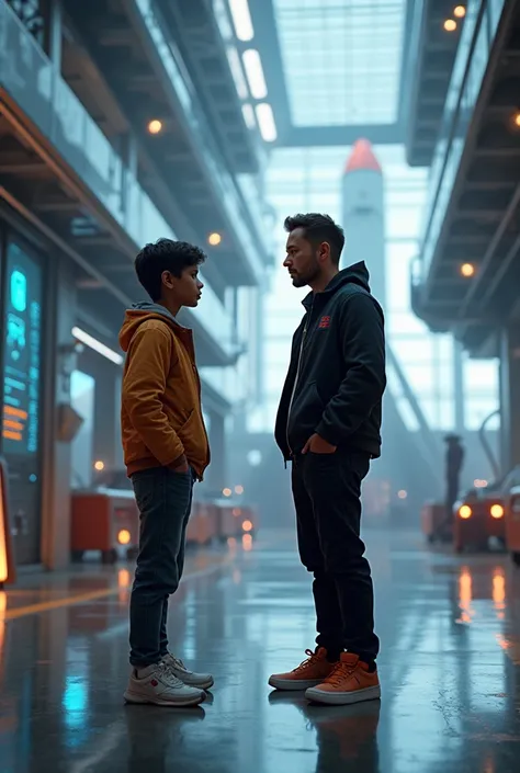 An indian 16 year child metting elon musk in space x with out beard 
