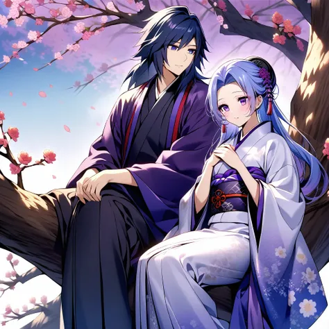 create a cool sophisticated image of shinobu in a traditional dress her appearance should be (purplish blue hair deep beautiful purple eyes ) chilling with tomioka in a traditional Japanese dress on a tree branch the atmosphere of the image should be roman...