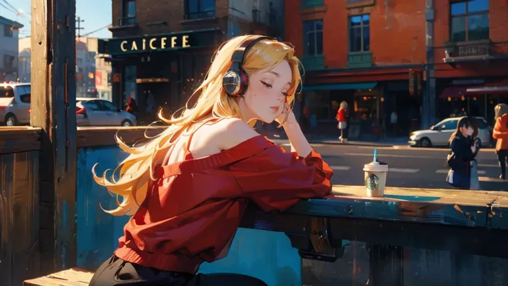 (masterpiece:1.2, Best Quality), One Woman, Starbucks-style cafe, Red clothes, Smartphone, Light blue sky, City, Illuminated, cigarette, Blonde Long Hair, Side angle, Shooting from the side, Headphones, off-the-shoulder red shirt, Cool Outfits, City Girl, ...