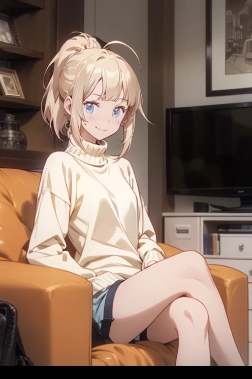 score_9, score_8_up, score_7_up,source_anime, solo, ponytail, faint blush, smug smile, sexy, long sleeve, sweater, short shorts, sexy, bedroom eyes, looking at you, indoors, crossed legs, sitting, couch, living room, looking at viewer, yanamianna, medium h...