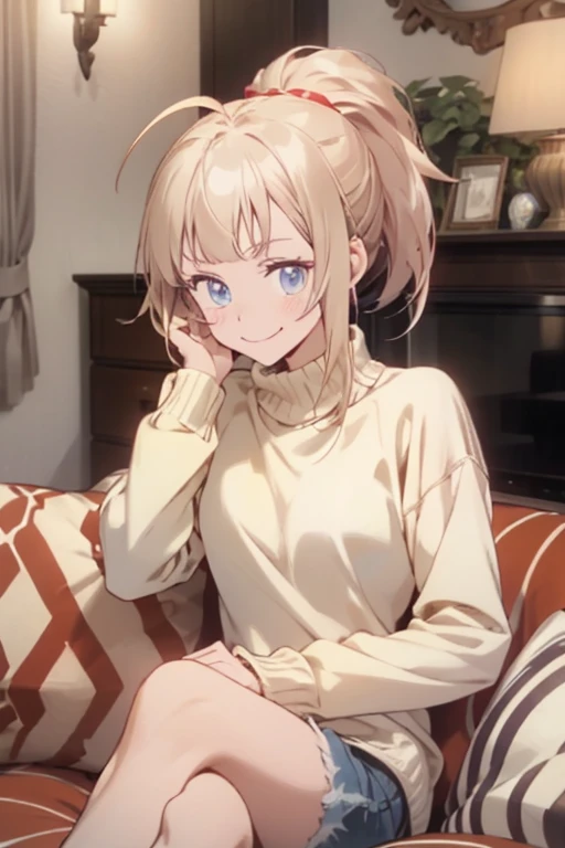 score_9, score_8_up, score_7_up,source_anime, solo, ponytail, faint blush, smug smile, sexy, long sleeve, sweater, short shorts, sexy, bedroom eyes, looking at you, indoors, crossed legs, sitting, couch, living room, looking at viewer, yanamianna, medium h...