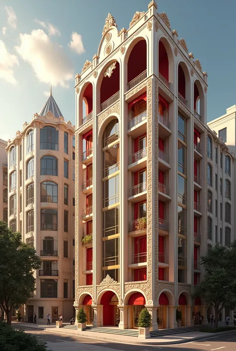 Create a small 
9 floor building with cream and red colour,luxurious design,ultra real,other buildings beside it.
