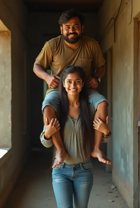 Create a realistic photograph of a smiling and beautiful sexy gorgeous Indian college girl with tied hair in hot uniform carrying a large stout indian man on her shoulder , in a old hut room, man is sitting on top of her shoulder, man on top, woman standin...