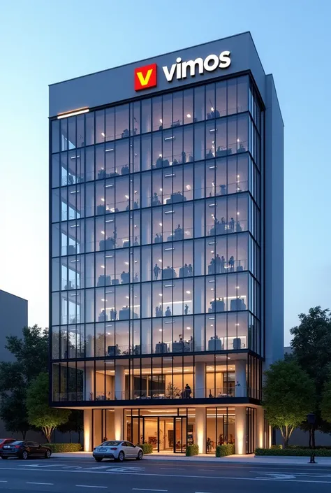 The building in the image is a 6-story modern structure with a 12-meter-wide façade. Its design features large, symmetrical windows across all floors. The top section displays the "VIMOS" logo prominently. The ground floor has large glass doors, suitable f...