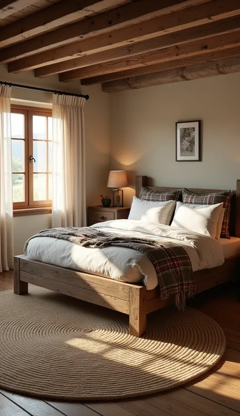 A cozy rustic farmhouse bedroom with wooden beams, a large, reclaimed wood bed frame, plaid blankets, and neutral tones. Add vintage lamps, weathered wooden furniture, and a large braided rug. The sunlight softly filters through linen curtains