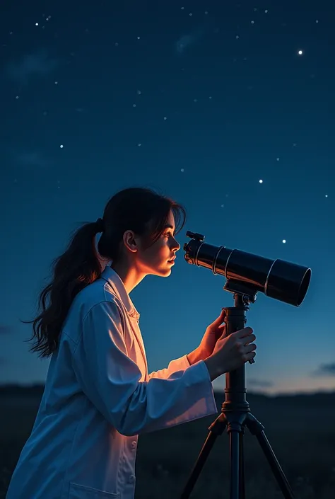  A young female scientist looking at the night sky with atlist scope