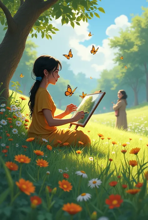 Tanha was sitting on a large lawn, painting her favorite scene, surrounded by flowers. She kept talking to the butterflies, saying, "I will scare you. Are you afraid of ghosts?" Butterflies are flying around her,and a guy looking at her and admiring the gi...