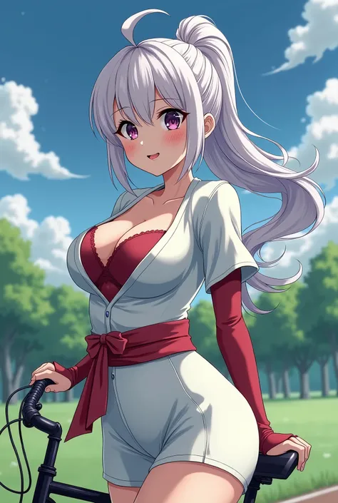 HD、Animation style、white hair 、Purple Eyes、girl、plump breasts 、High school student 、single ponytail、Baseball player、Light color short sleeve top、Long sleeve red underwear、Good shape、Thin、sash、Sky、cloud、sunny、Cycling、Navel exposed、dazzler、Breasts exposed