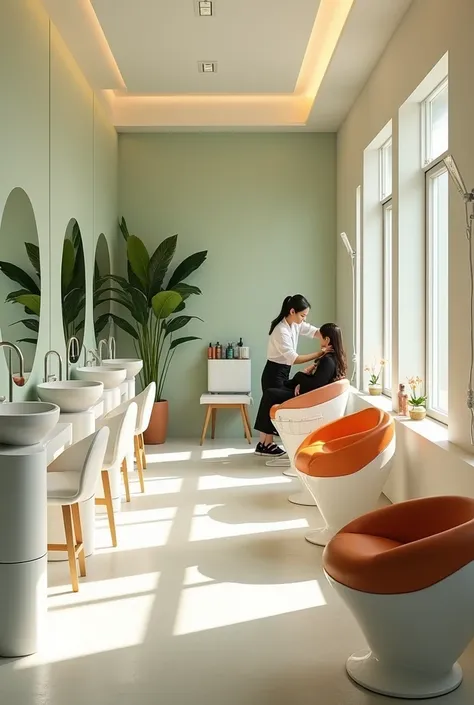 Professional 3d architecture rendering design of modern and minimal and high tech and Japanese design for the room in barber women salon that in this room coloring the women’s hair and 3   Circular white orange  chairs and washbasins  sink  specially for  ...