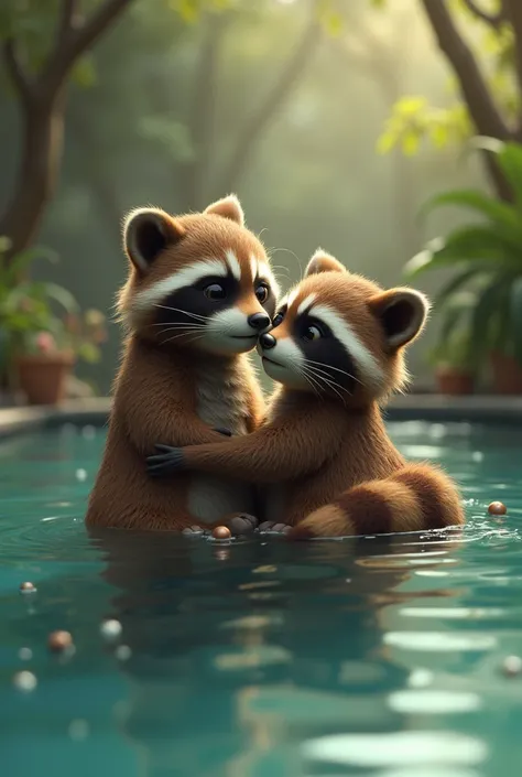 Raccoons Eduardo and Karol in love in the pool