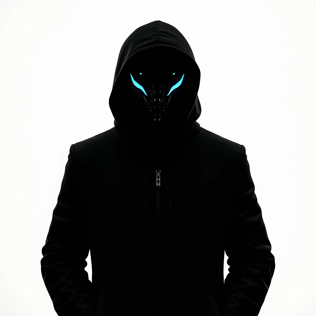 male character, with hood, cyberpuk, blue neon, mask, dark, without being in human texture