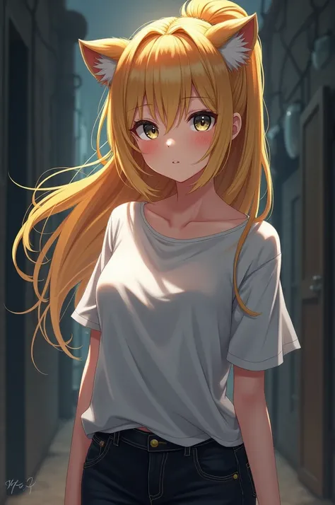 Anime girl, golden hair, black sclera, white eye, ponytail, bear ears, white shirt, black jeans, backroom.