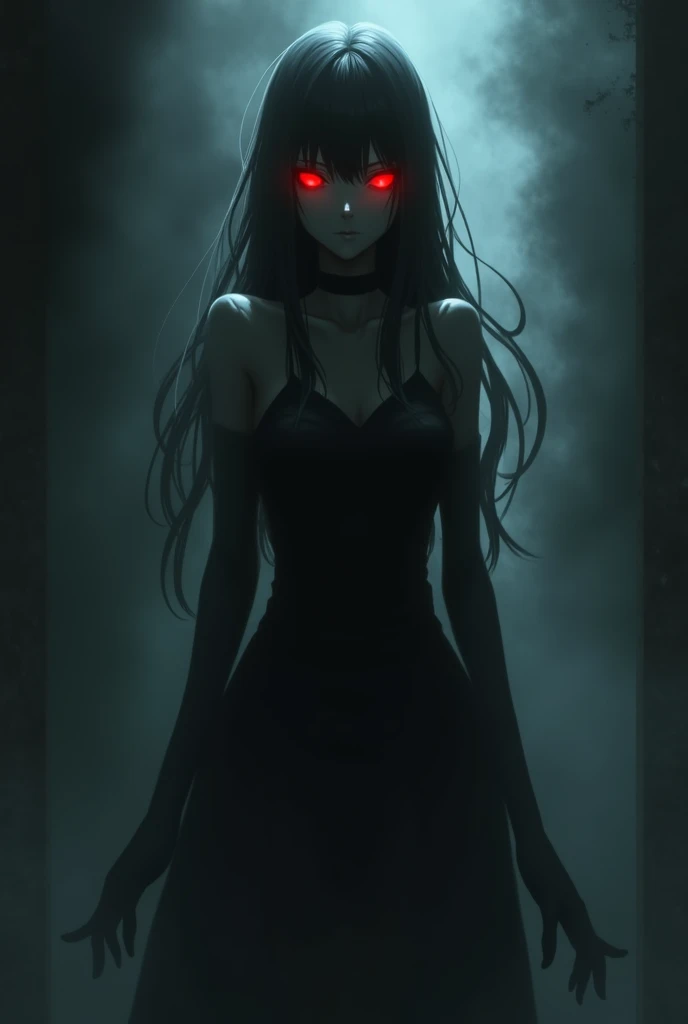 A shadow with red eyes in the shape of an anime woman