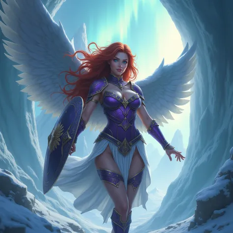 BEAUTIFUL WINGED RED HAIR VALKYRIE FLYING BETEEN HIGH ICE MOUNTAINS, WIND EFFECT, LONG HUGE RED WINGS, OPEN HUGE WINGS, RED FEATHERS, VERY PALE SKIN, VERY SOFT SKIN, HUGE LONG CURLY HAIR, VERY VOLUMOUS CURLY HAIR, GOLDEN TIARA, EXPRESSIVE TURCOISE BLUE EYE...