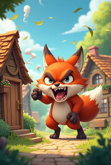 A furious fox is blowing a wooden house, village, cartoon 