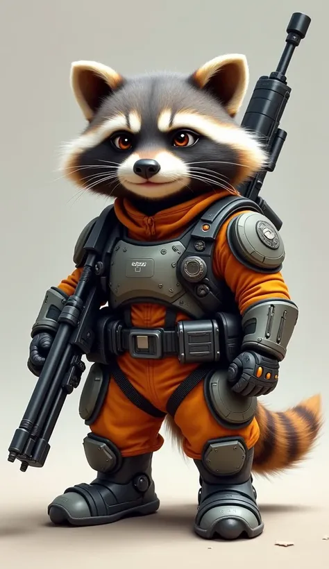  A small yet scrappy raccoon with grey and brown fur, standing with a confident and sly posture. His face is marked with sharp, intelligent eyes and a snarky grin, showing he’s always ready with a quick comeback or clever plan.
Outfit: Rocket is wearing hi...