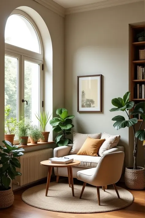 You can create an image of a small reading nook at home in a space 79” wide and 90” long.. Includes plants, furniture in beige tone, bookseller, books. Does not include window