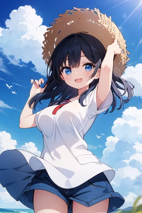 One girl, Long Hair, Black Hair, Hair blowing in the wind, Straw hat,(Hold the hat in your hand),White short sleeve shirt,blue sky,Cumulonimbus,Large Breasts, smile, Open your mouth, blue eyes, Close one eye