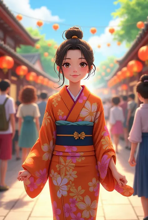 A girl at a festival wearing a yukata。Hair tied up underneath。smile