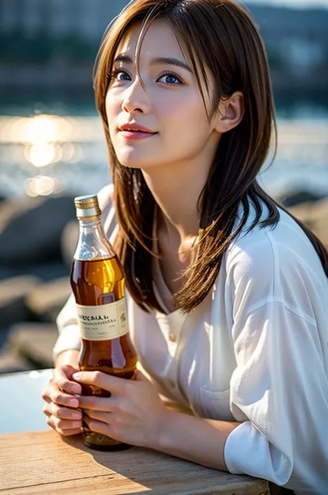 (Realistic, 超Realistic:1.4), 16K HDR, High resolution,Brown short hair,The best smile、Japanese actress,so beautiful(It looks like the real thing),Short sleeve dress,Whiskey Bottle、The Macallan、Johnnie Walker、、Old Parr、whiskey、Suntory、Nikka、Slim couple、Mode...