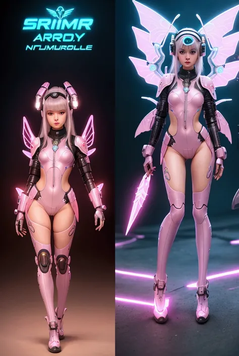 A beautiful & attractive very young girl wearing a cyberpunk armory designed like a shrimp, wearing a cyberpunk designed shrimp helmet, with gaint illuminating wings, with shrimp tails, full body viewing details, camel toe, silver hair, with illuminated ne...